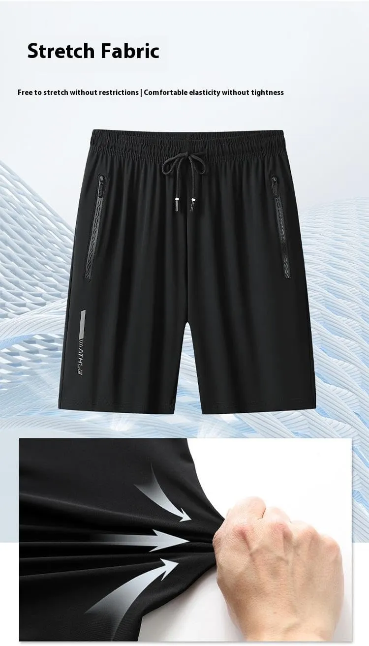 Unisex Ice Silk Quick-Dry Shorts - Breathable Elastic Waist with Zipper Pocket for Running & Gym & Hiking