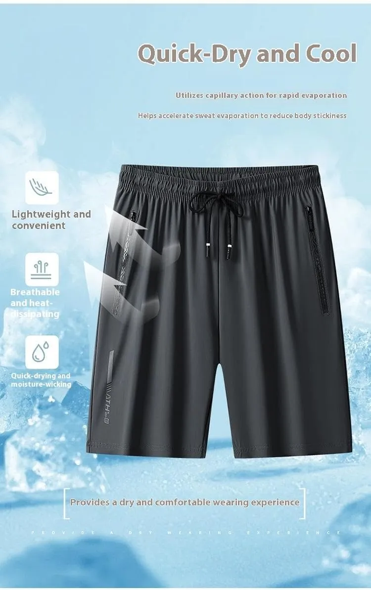 Unisex Ice Silk Quick-Dry Shorts - Breathable Elastic Waist with Zipper Pocket for Running & Gym & Hiking
