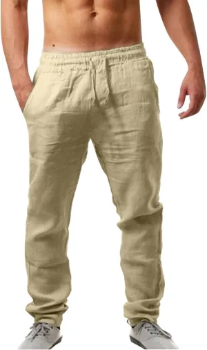 Vickyleb Men Cotton Linen Pants Casual Straight Leg Pleated Drawstring Workout Pants Relaxed Fit Tapered Trousers