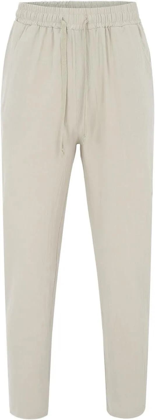 Vickyleb Men Cotton Linen Pants Casual Straight Leg Pleated Drawstring Workout Pants Relaxed Fit Tapered Trousers