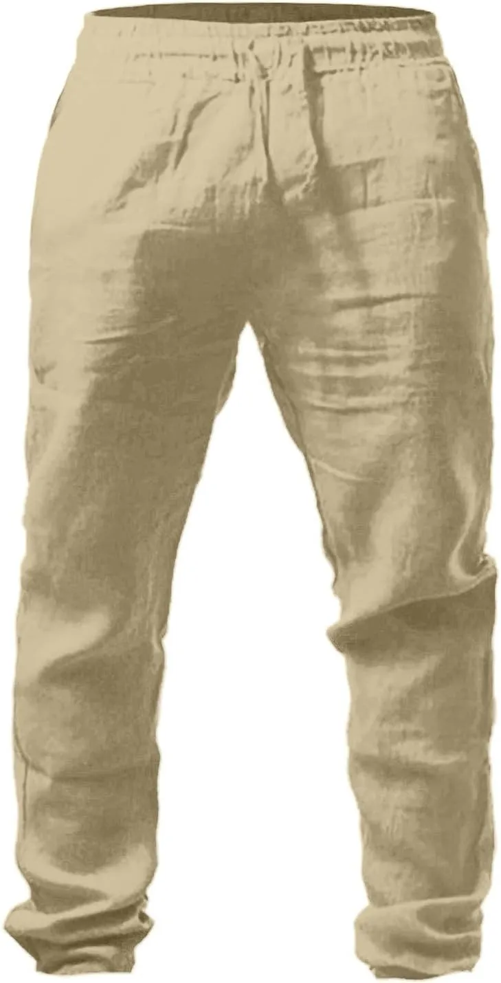 Vickyleb Men Cotton Linen Pants Casual Straight Leg Pleated Drawstring Workout Pants Relaxed Fit Tapered Trousers