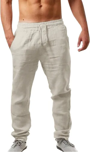 Vickyleb Men Cotton Linen Pants Casual Straight Leg Pleated Drawstring Workout Pants Relaxed Fit Tapered Trousers