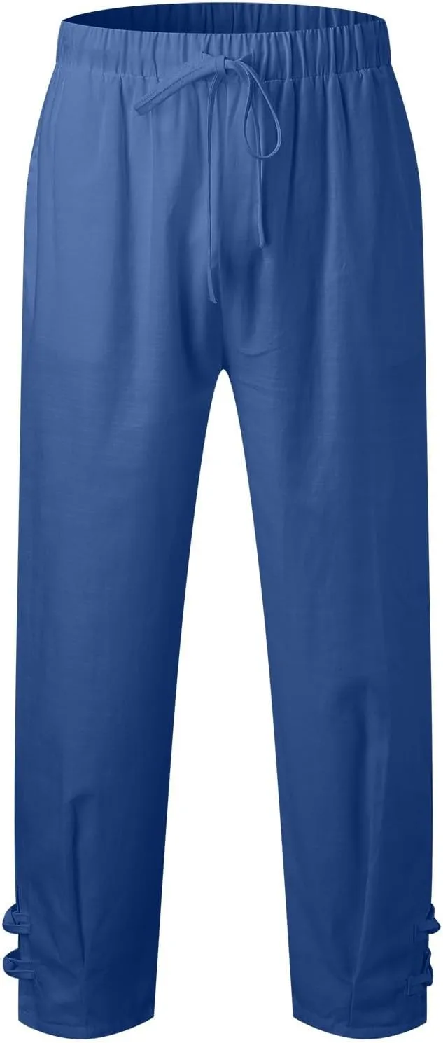 Vickyleb Men's Casual Linen Pants Elastic Drawstring Waist Loose Fit Straight Legs Summer Yoga Beach Long Pants for Men
