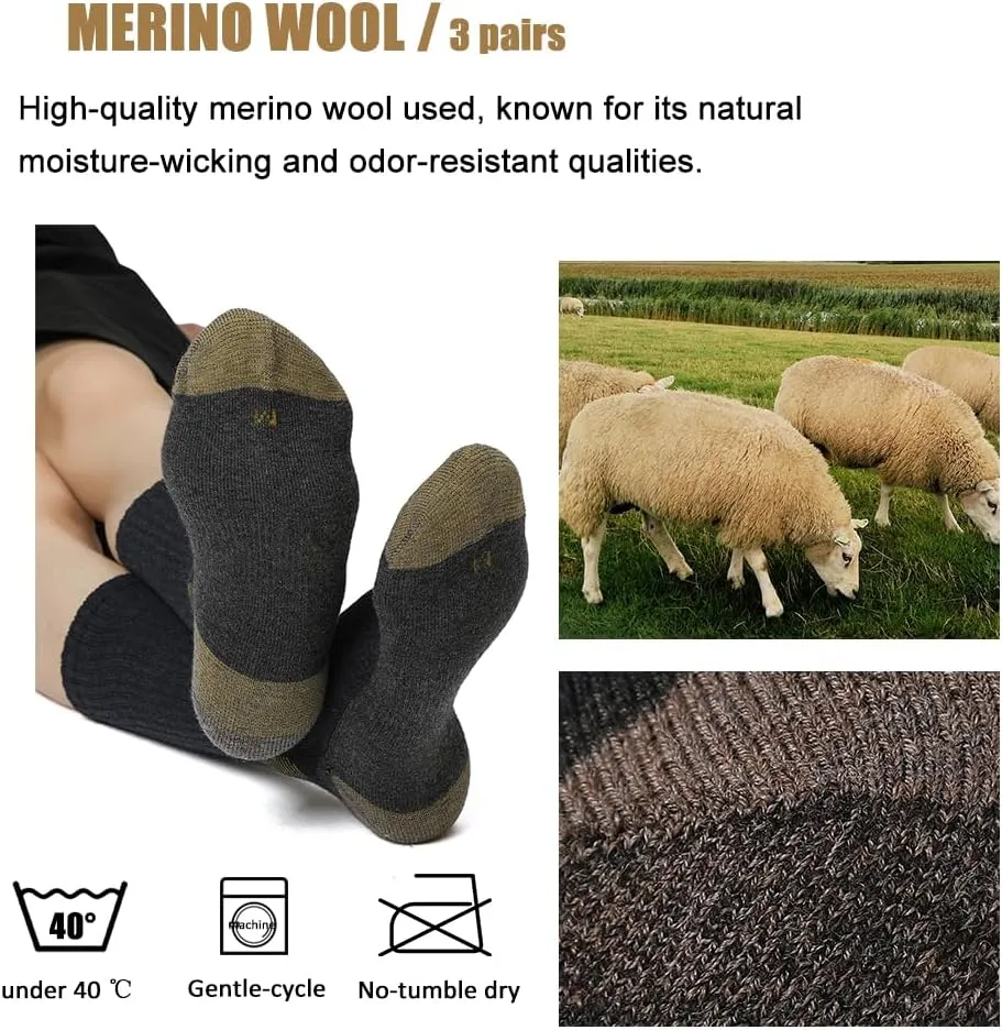 WANDER Merino Wool Socks Men 3 Pairs Cushioned Calf Boot Socks Moisturing Wicking Everyday Thermal Crew Socks