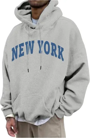 Wankang New York Hoodies for Men Crew Neck Sweatshirts Letter Graphic Hoodie Relaxed Fit Long Sleeve Pullover Tops