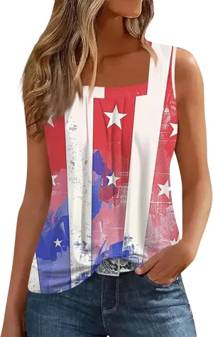 WANZZXCSL Womens Summer Tank Tops for Women Loose Fit Pleated Square Neck Sleeveless Tops Curved Hem Flowy Loose Fit Shirts