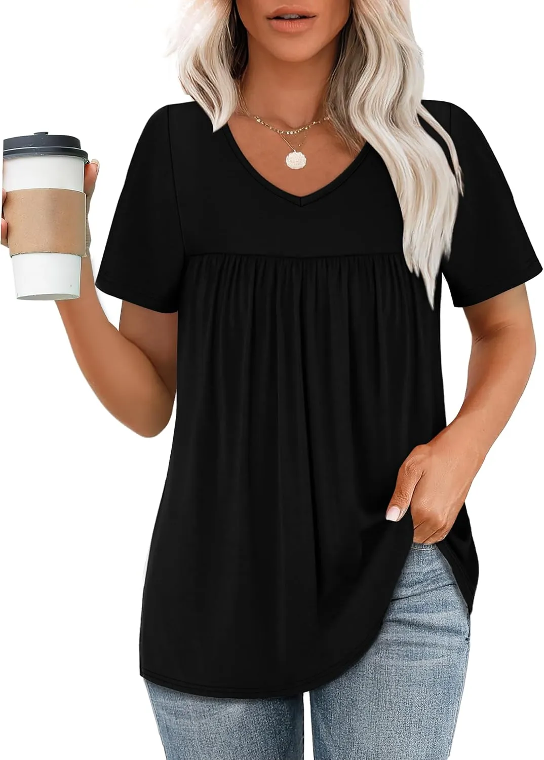 WEESO Womens T Shirts Short Sleeve Pleated Dressy Casual V Neck Summer Tops Blouses