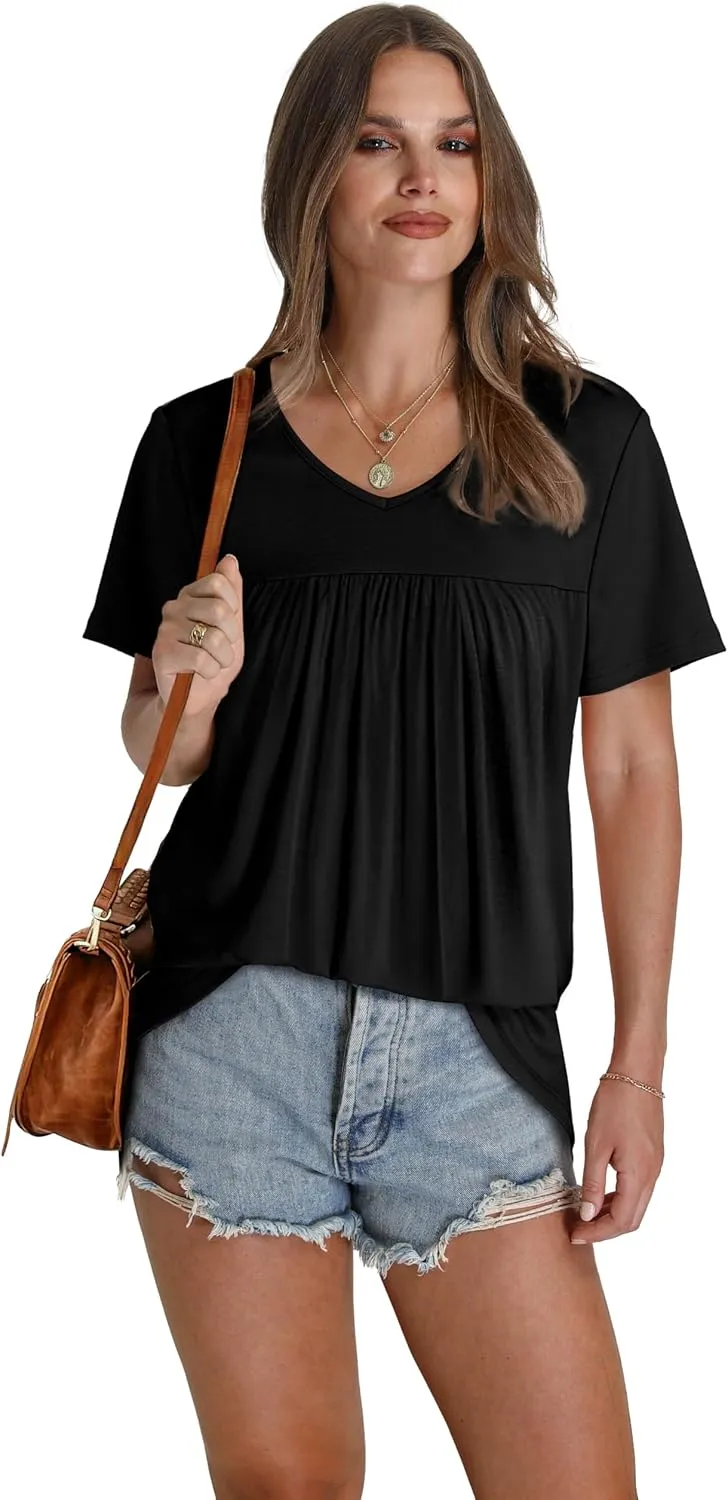 WEESO Womens T Shirts Short Sleeve Pleated Dressy Casual V Neck Summer Tops Blouses