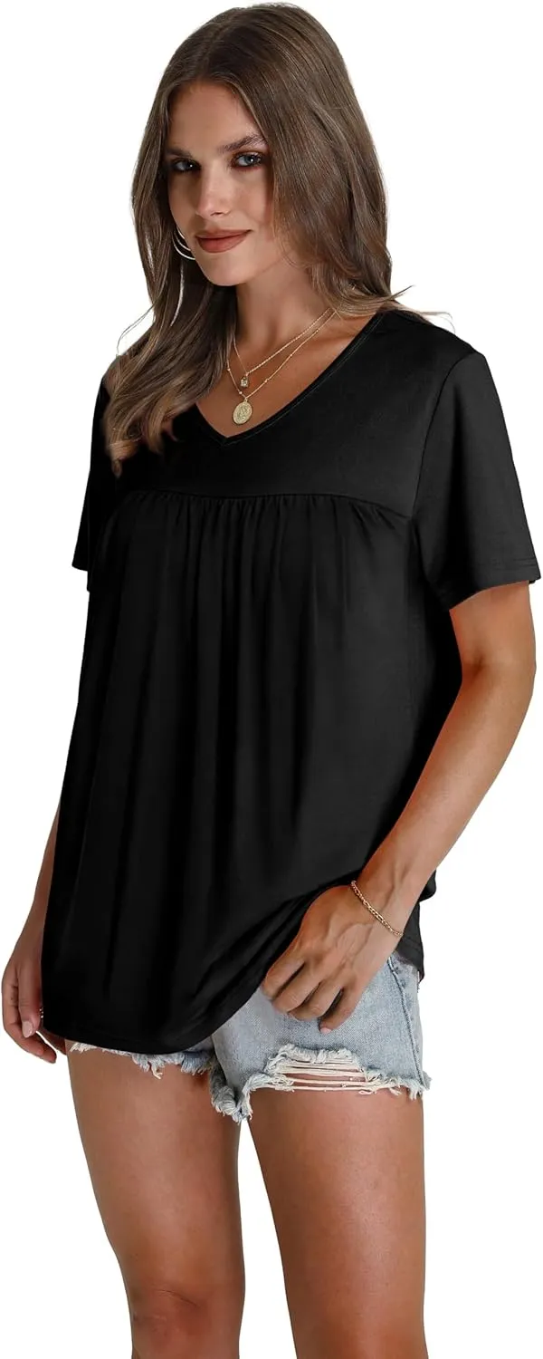 WEESO Womens T Shirts Short Sleeve Pleated Dressy Casual V Neck Summer Tops Blouses
