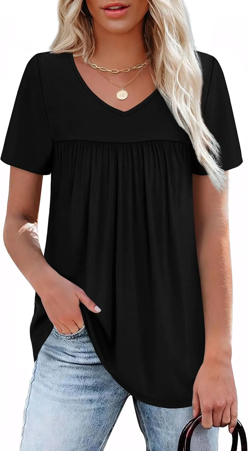 WEESO Womens T Shirts Short Sleeve Pleated Dressy Casual V Neck Summer Tops Blouses
