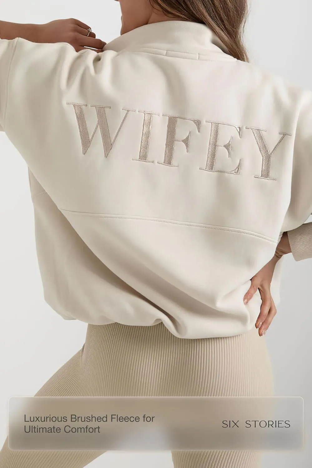 Wifey Embroidered Quarter Zip Sweatshirt Champagne |Wedding & Honeymoon Pullover Top, Perfect as