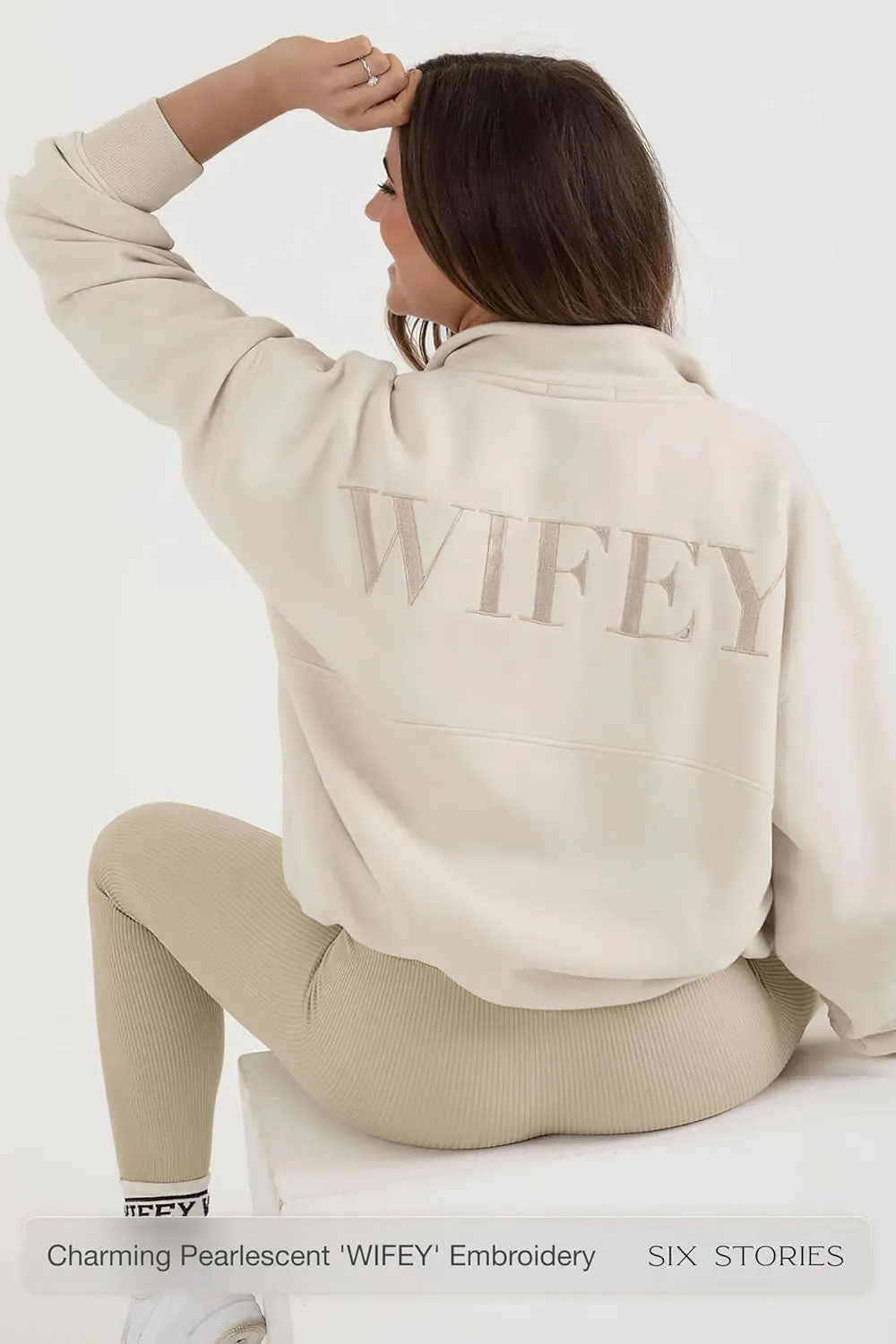 Wifey Embroidered Quarter Zip Sweatshirt Champagne |Wedding & Honeymoon Pullover Top, Perfect as