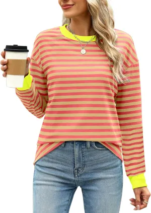 WIHOLL Womens Tunic Tops Long Sleeve Striped Shirts Crewneck Tops