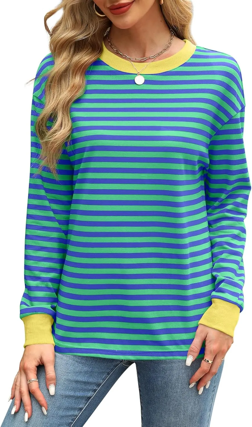 WIHOLL Womens Tunic Tops Long Sleeve Striped Shirts Crewneck Tops