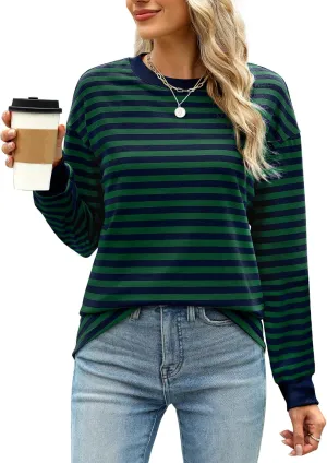 WIHOLL Womens Tunic Tops Long Sleeve Striped Shirts Crewneck Tops