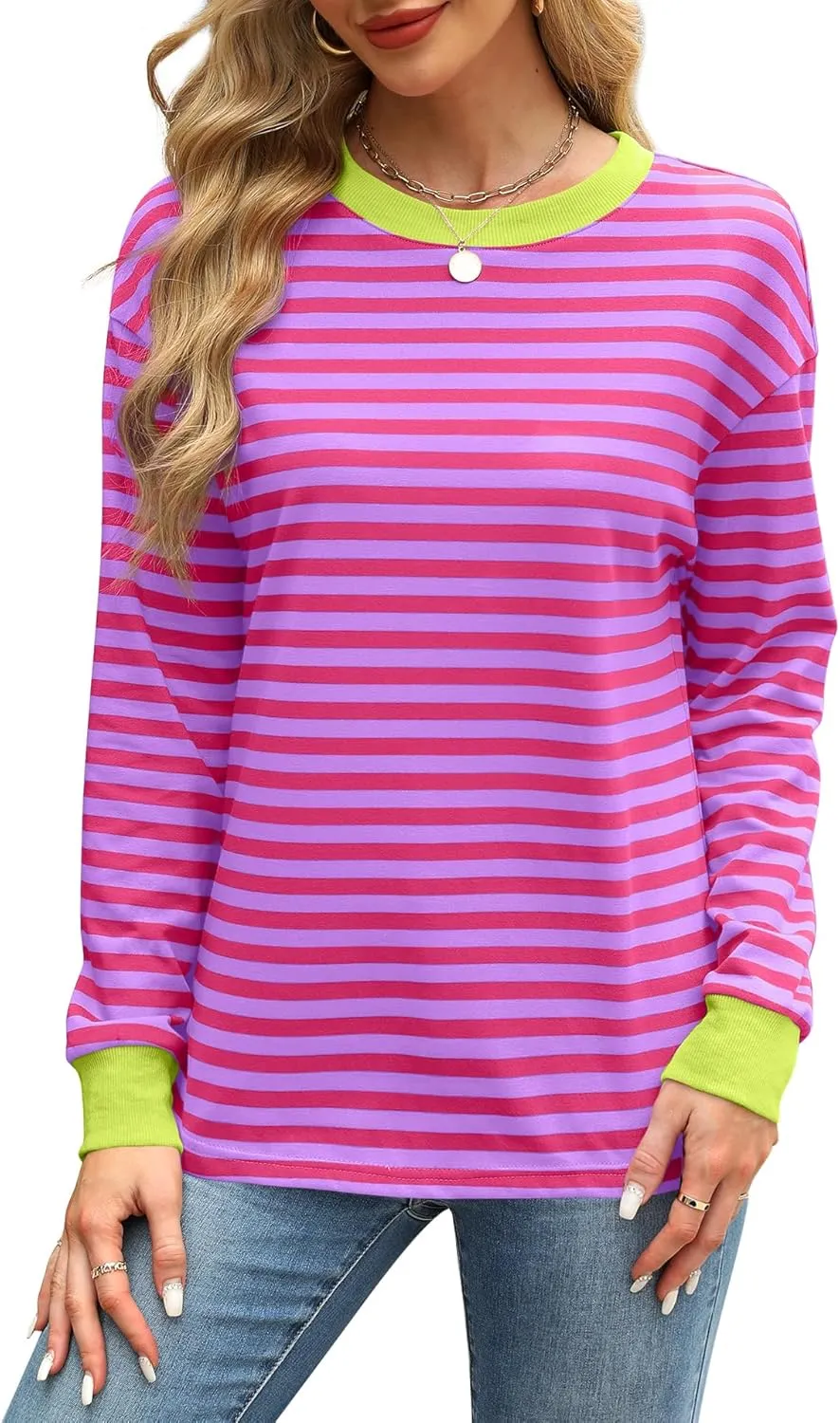 WIHOLL Womens Tunic Tops Long Sleeve Striped Shirts Crewneck Tops