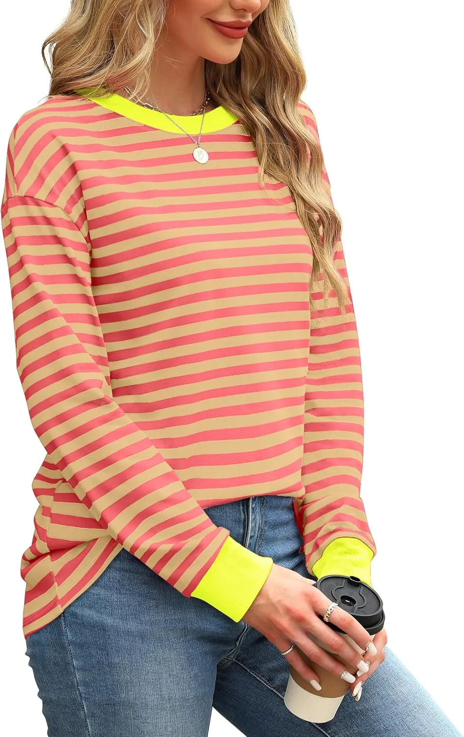 WIHOLL Womens Tunic Tops Long Sleeve Striped Shirts Crewneck Tops