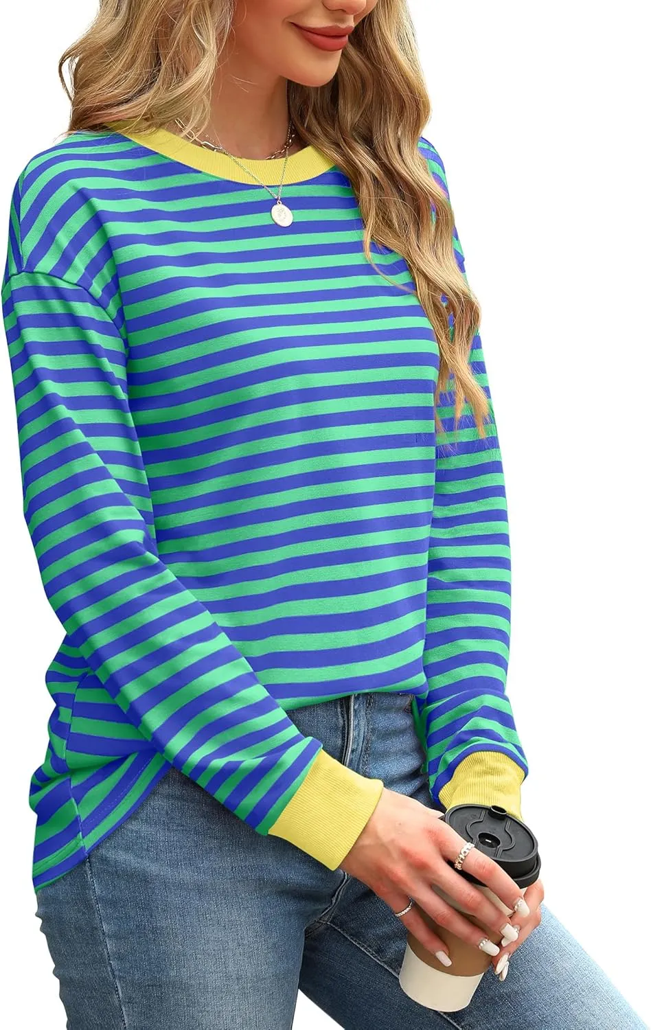 WIHOLL Womens Tunic Tops Long Sleeve Striped Shirts Crewneck Tops
