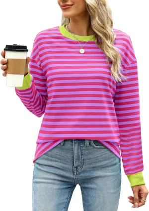 WIHOLL Womens Tunic Tops Long Sleeve Striped Shirts Crewneck Tops