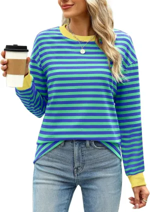 WIHOLL Womens Tunic Tops Long Sleeve Striped Shirts Crewneck Tops
