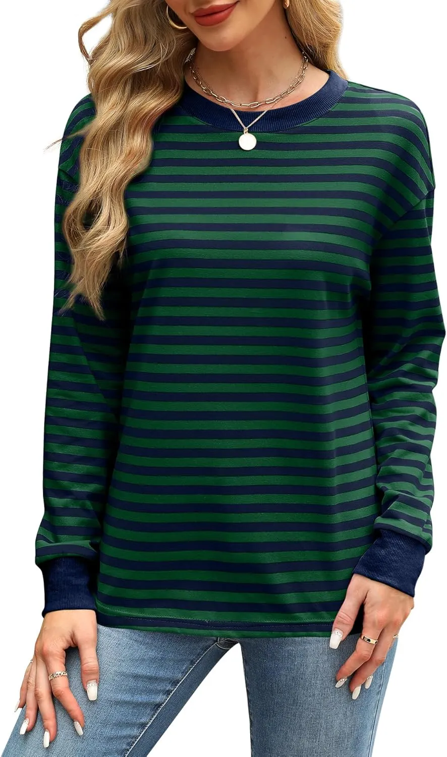 WIHOLL Womens Tunic Tops Long Sleeve Striped Shirts Crewneck Tops