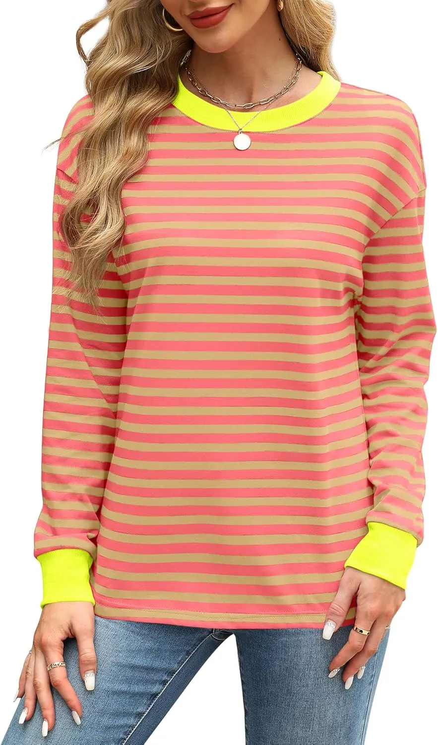 WIHOLL Womens Tunic Tops Long Sleeve Striped Shirts Crewneck Tops