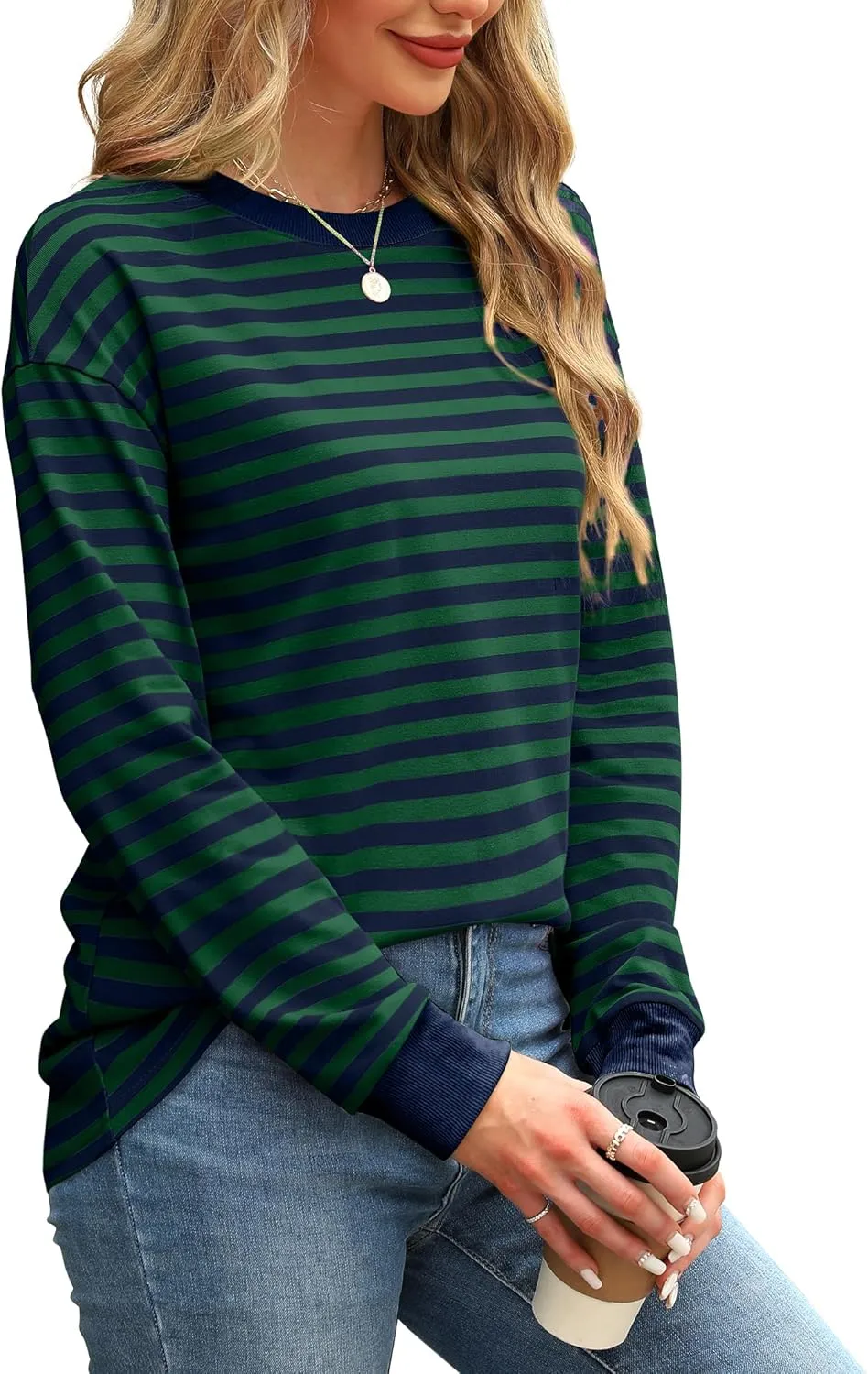 WIHOLL Womens Tunic Tops Long Sleeve Striped Shirts Crewneck Tops