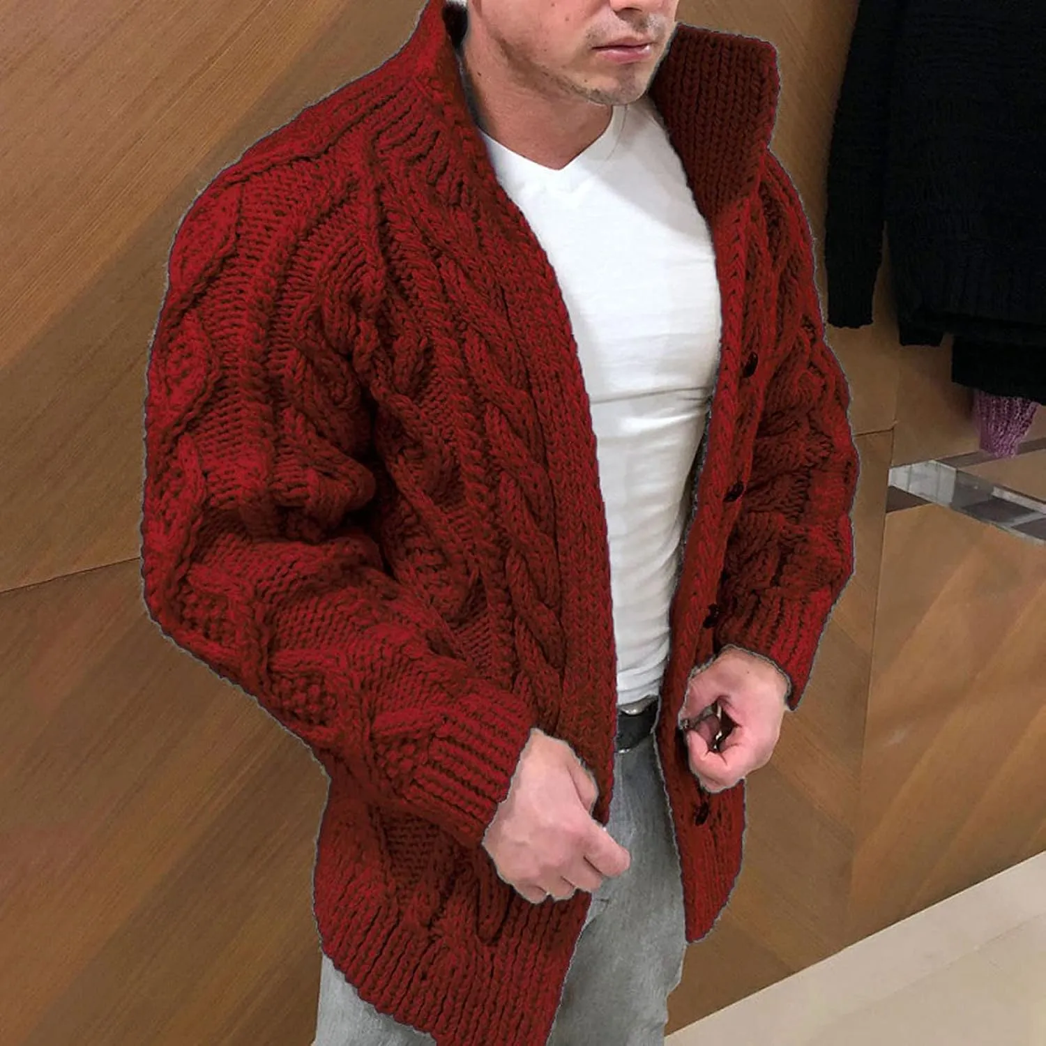 Winter Sweater for Men Ribbed Button Down Knit Coats Fashion Stand Collar Long Sleeve Solid Color Cardigan Sweater