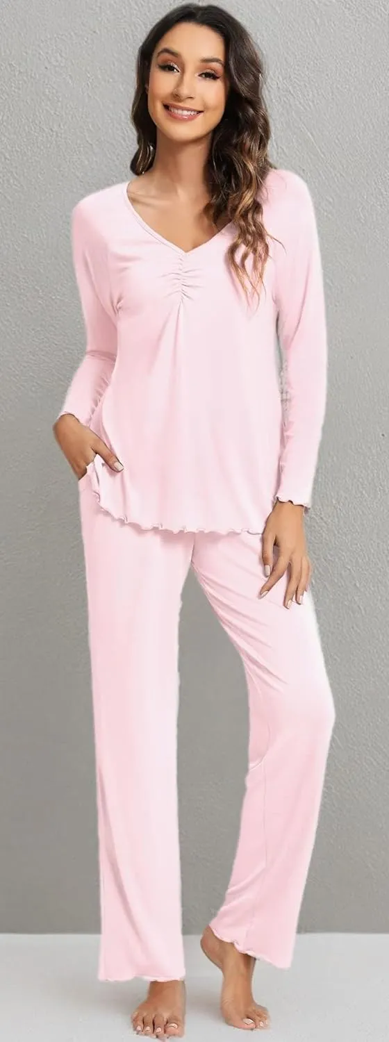 WiWi Viscose from Bamboo Pajama Sets for Women Soft Pjs Loungewear Short Sleeve Top with Pants Sleepwear Pajamas S-XXL