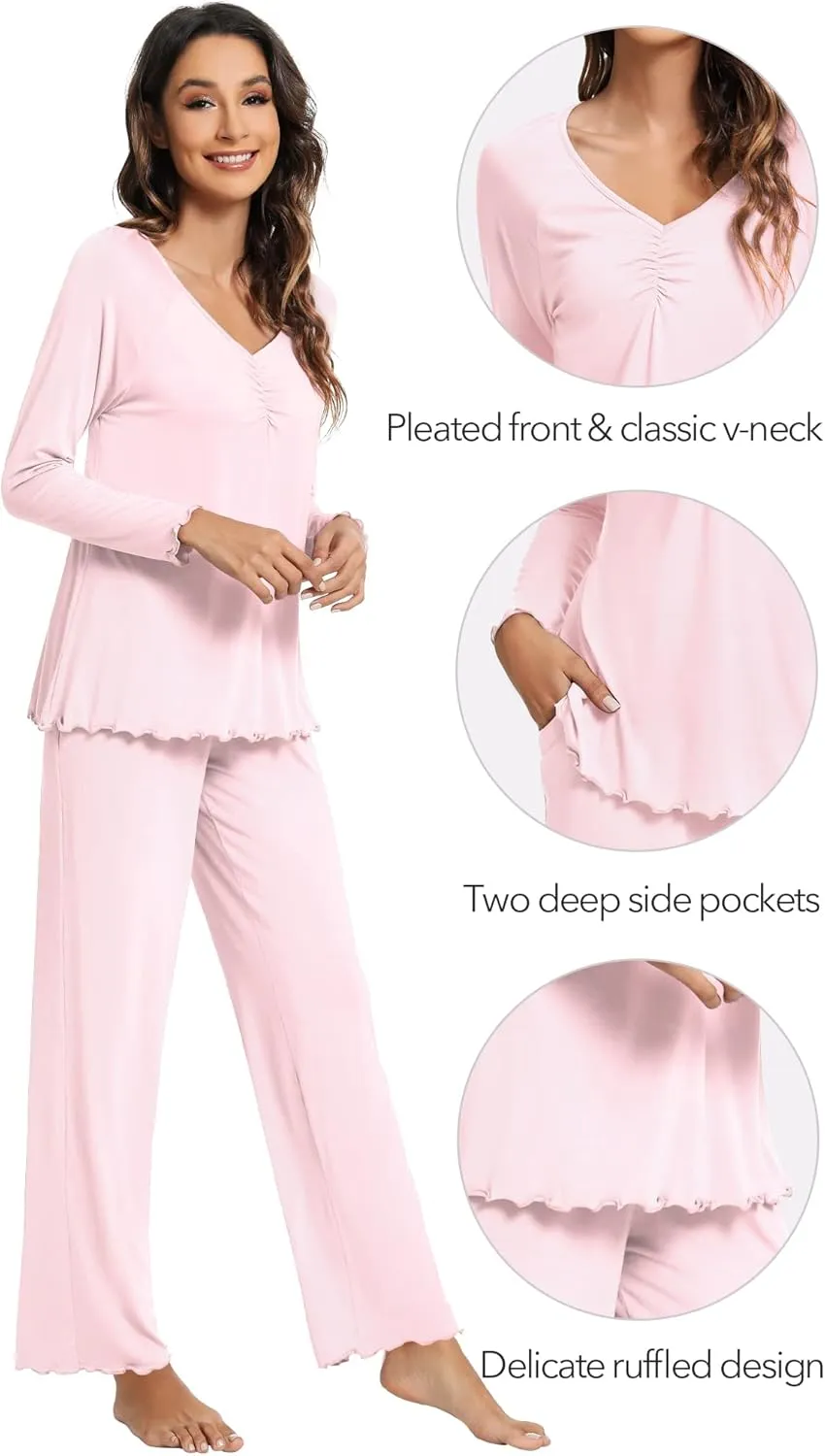 WiWi Viscose from Bamboo Pajama Sets for Women Soft Pjs Loungewear Short Sleeve Top with Pants Sleepwear Pajamas S-XXL
