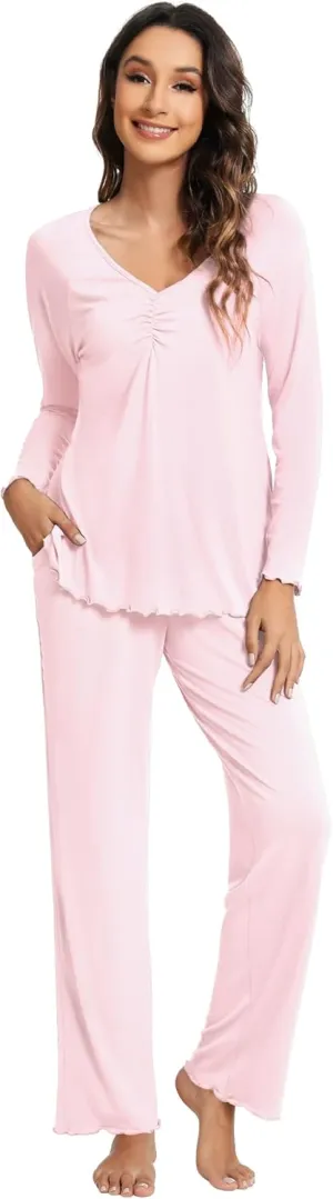 WiWi Viscose from Bamboo Pajama Sets for Women Soft Pjs Loungewear Short Sleeve Top with Pants Sleepwear Pajamas S-XXL