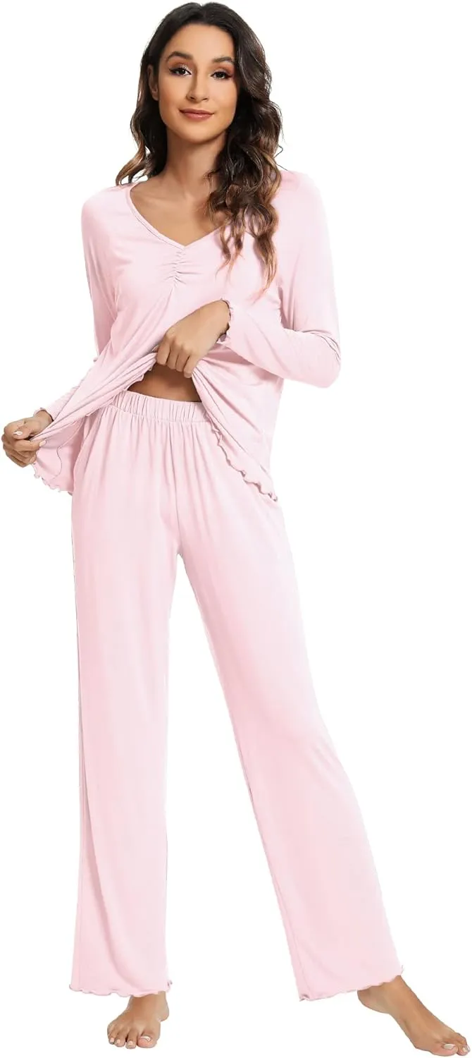 WiWi Viscose from Bamboo Pajama Sets for Women Soft Pjs Loungewear Short Sleeve Top with Pants Sleepwear Pajamas S-XXL