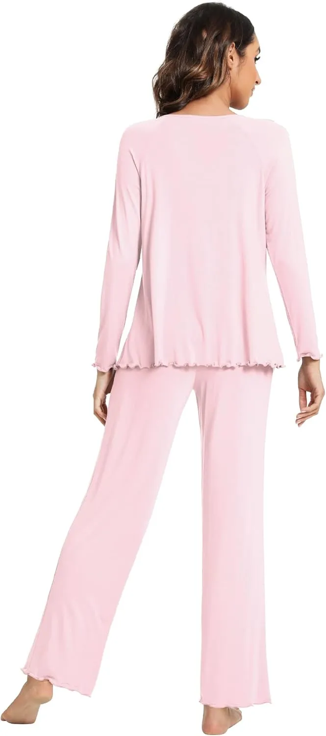WiWi Viscose from Bamboo Pajama Sets for Women Soft Pjs Loungewear Short Sleeve Top with Pants Sleepwear Pajamas S-XXL