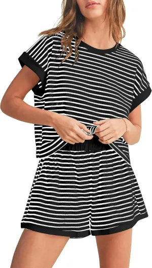Women 2 Piece Ribbed Knit Pajama Set Striped Short Sleeve Tee Shirts and Shorts Lounge Sets Summer Gym Workout