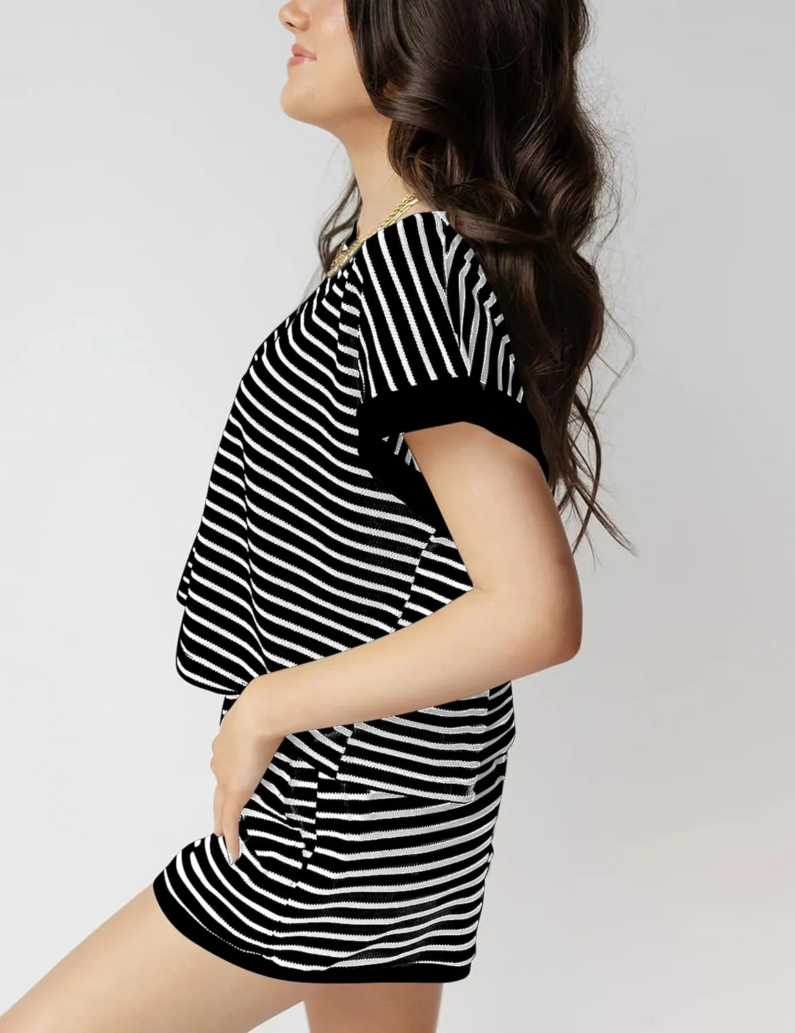 Women 2 Piece Ribbed Knit Pajama Set Striped Short Sleeve Tee Shirts and Shorts Lounge Sets Summer Gym Workout