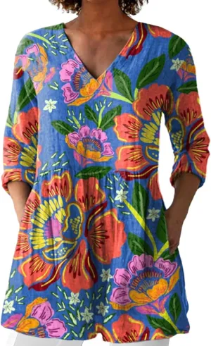 Women Boho Floral Cotton Linen Top Loose Fit Vintage Blouse 3/4 Length Sleeve Dressy Vacation Business Tunics