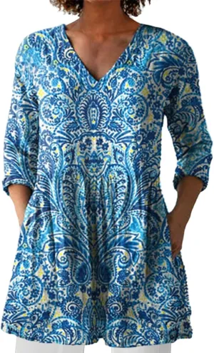 Women Boho Floral Cotton Linen Top Loose Fit Vintage Blouse 3/4 Length Sleeve Dressy Vacation Business Tunics