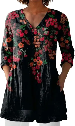 Women Boho Floral Cotton Linen Top Loose Fit Vintage Blouse 3/4 Length Sleeve Dressy Vacation Business Tunics