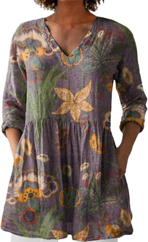 Women Boho Floral Cotton Linen Top Loose Fit Vintage Blouse 3/4 Length Sleeve Dressy Vacation Business Tunics