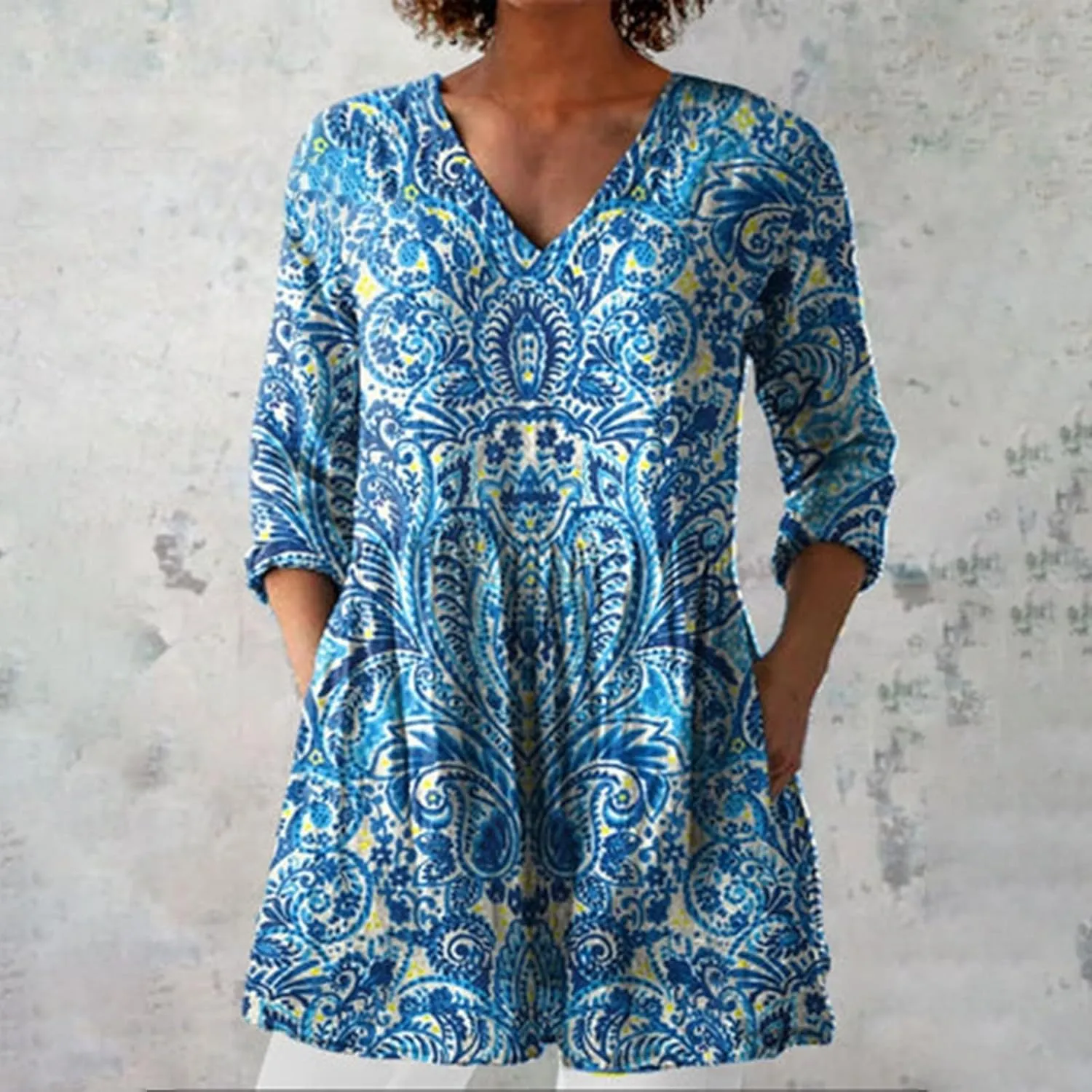 Women Boho Floral Cotton Linen Top Loose Fit Vintage Blouse 3/4 Length Sleeve Dressy Vacation Business Tunics