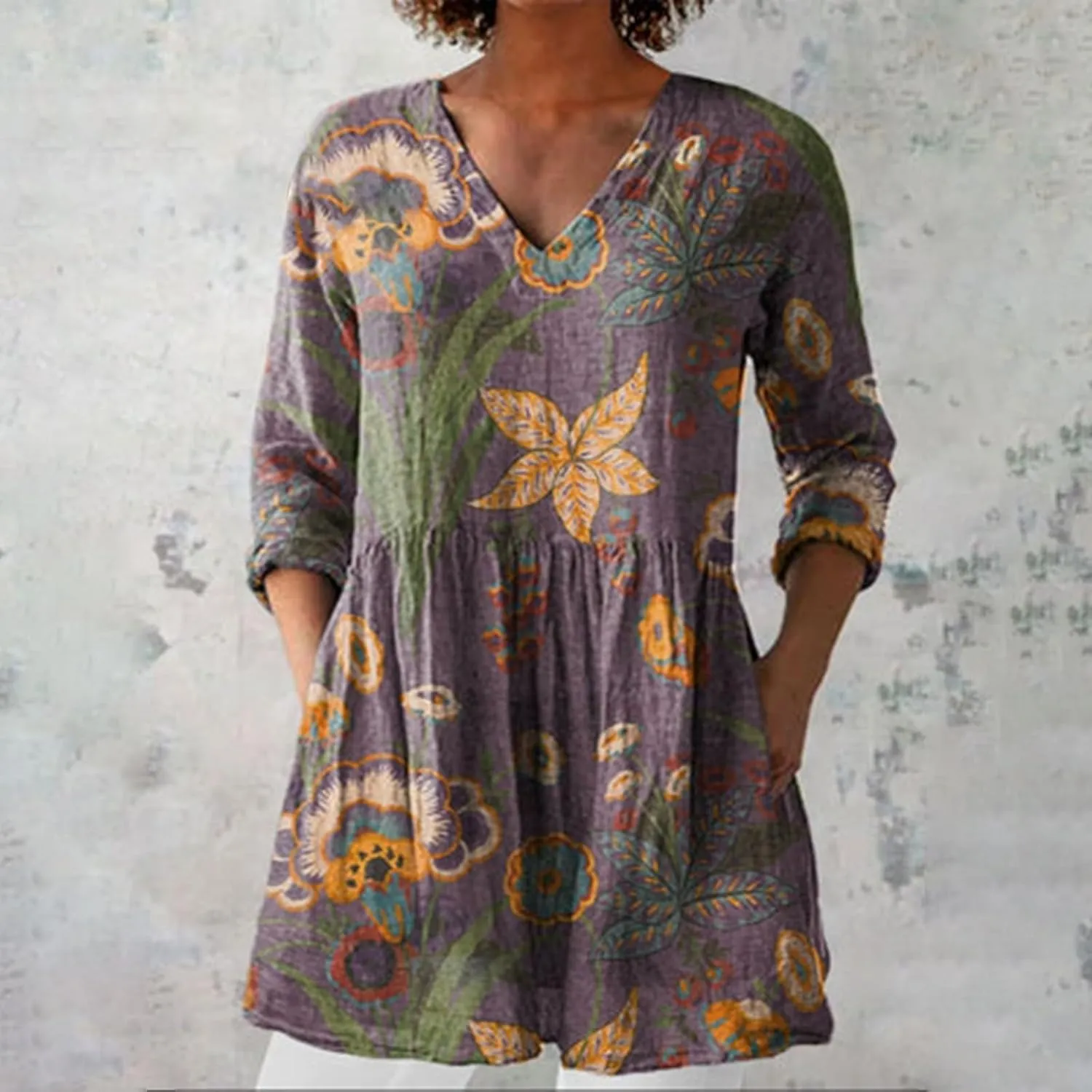 Women Boho Floral Cotton Linen Top Loose Fit Vintage Blouse 3/4 Length Sleeve Dressy Vacation Business Tunics