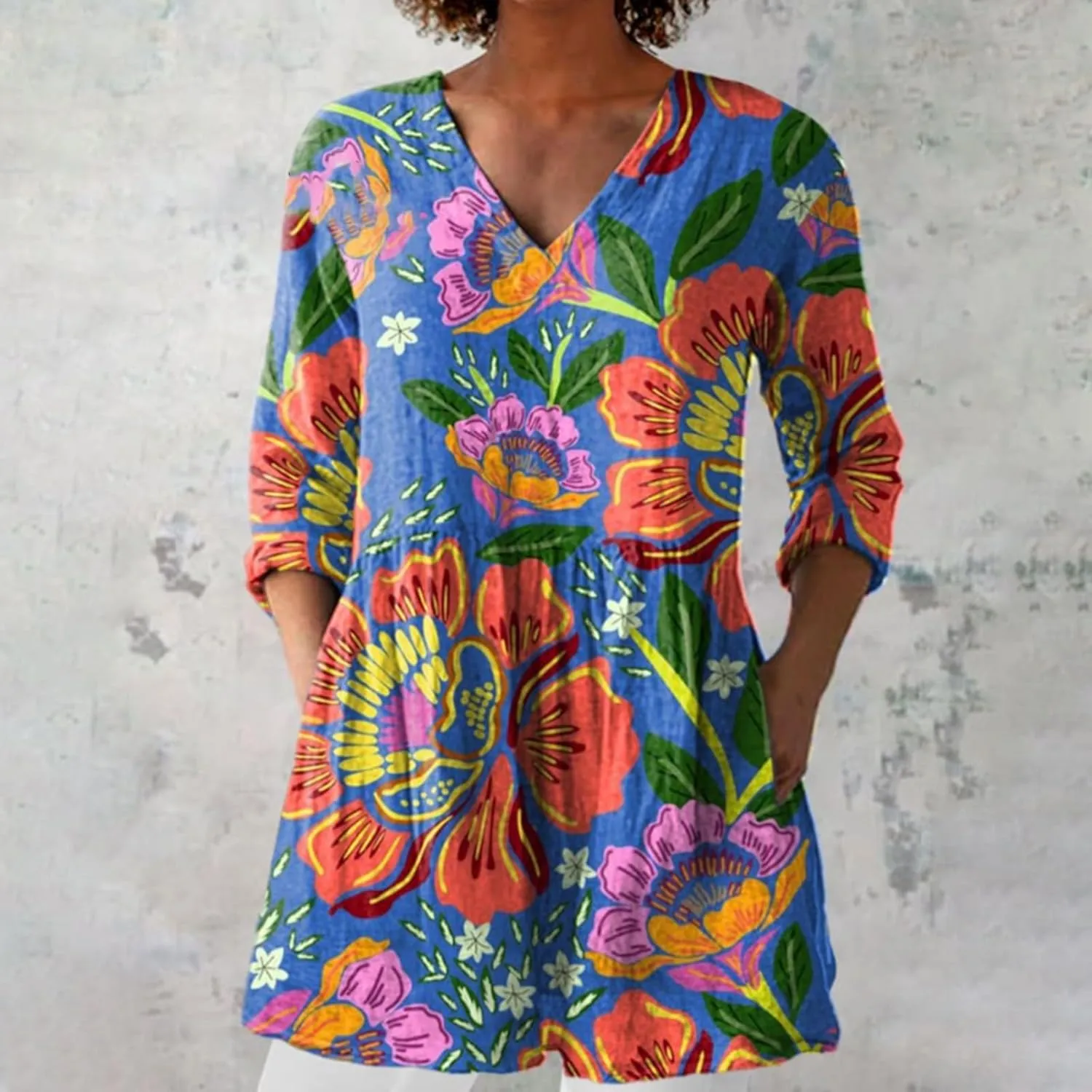 Women Boho Floral Cotton Linen Top Loose Fit Vintage Blouse 3/4 Length Sleeve Dressy Vacation Business Tunics