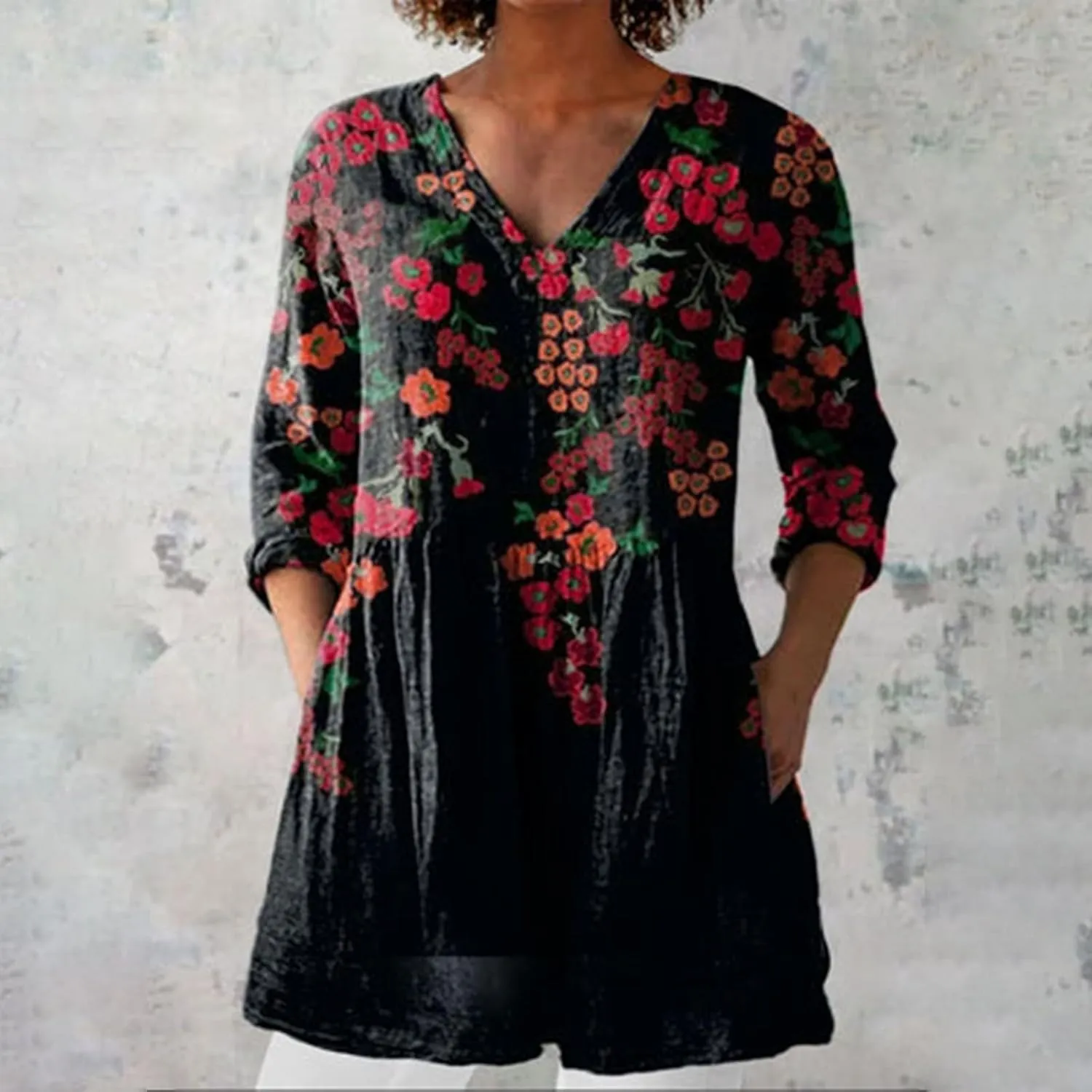 Women Boho Floral Cotton Linen Top Loose Fit Vintage Blouse 3/4 Length Sleeve Dressy Vacation Business Tunics