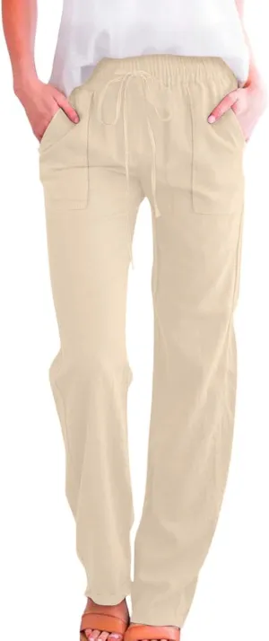 Women Casual Straight Leg Pants Lightweight Summer Relax Fit Elastic Waist Lounge Trousers Solid Color Outfits Comfy