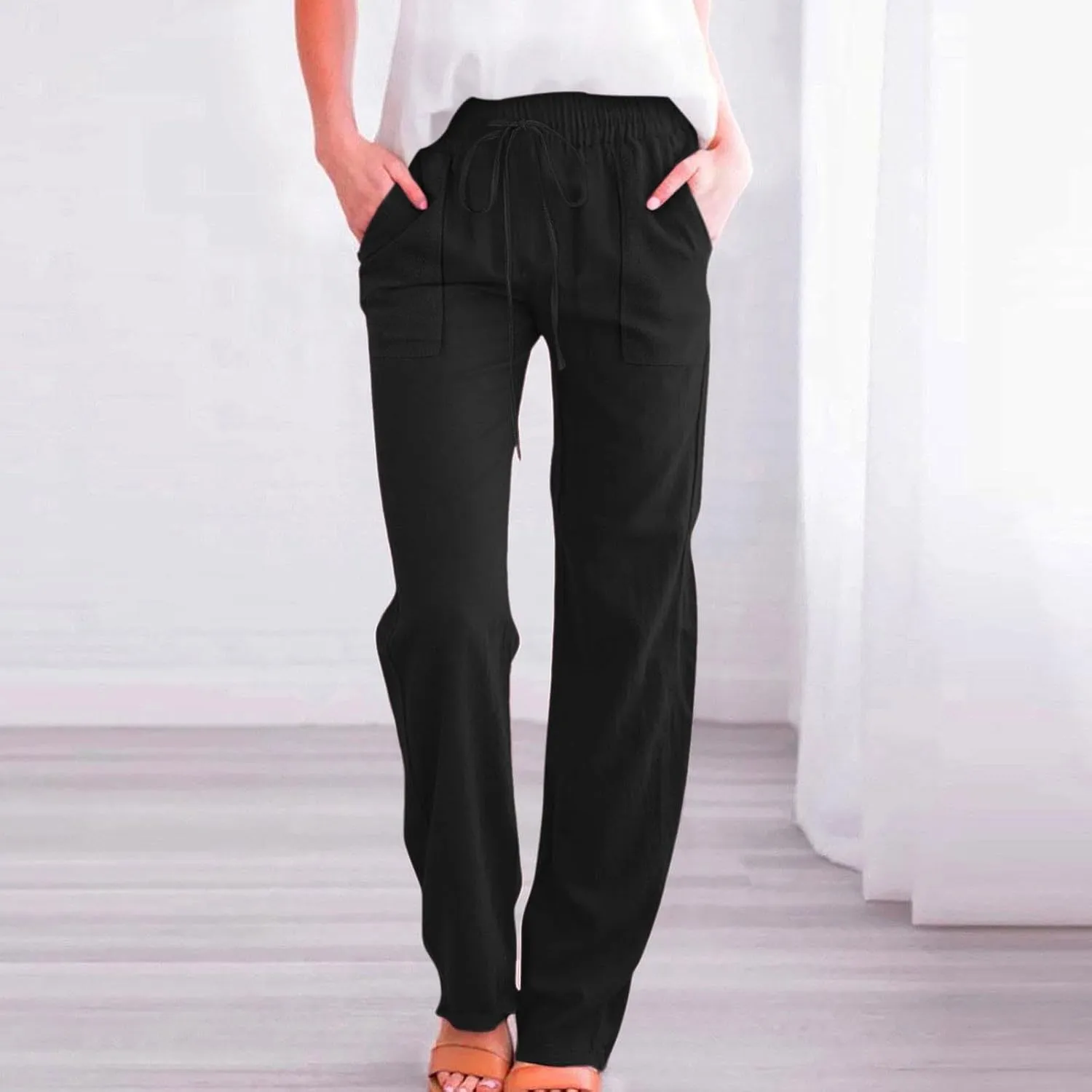 Women Casual Straight Leg Pants Lightweight Summer Relax Fit Elastic Waist Lounge Trousers Solid Color Outfits Comfy