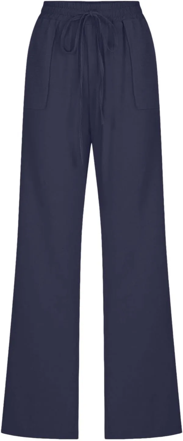 Women Casual Straight Leg Pants Lightweight Summer Relax Fit Elastic Waist Lounge Trousers Solid Color Outfits Comfy