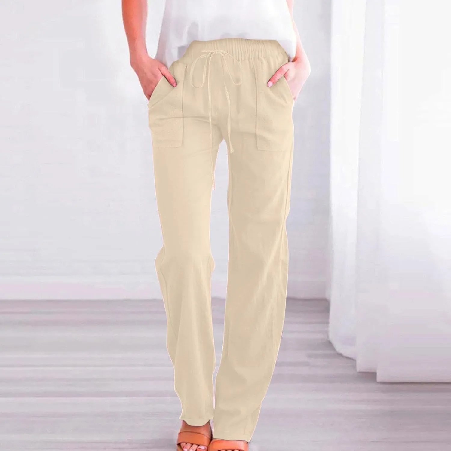 Women Casual Straight Leg Pants Lightweight Summer Relax Fit Elastic Waist Lounge Trousers Solid Color Outfits Comfy