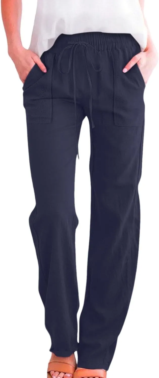 Women Casual Straight Leg Pants Lightweight Summer Relax Fit Elastic Waist Lounge Trousers Solid Color Outfits Comfy