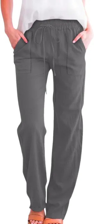 Women Casual Straight Leg Pants Lightweight Summer Relax Fit Elastic Waist Lounge Trousers Solid Color Outfits Comfy