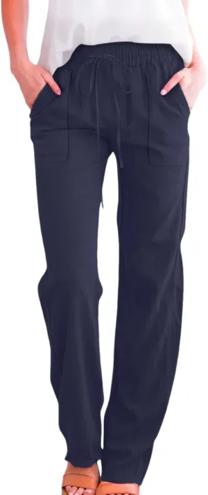 Women Casual Straight Leg Pants Lightweight Summer Relax Fit Elastic Waist Lounge Trousers Solid Color Outfits Comfy